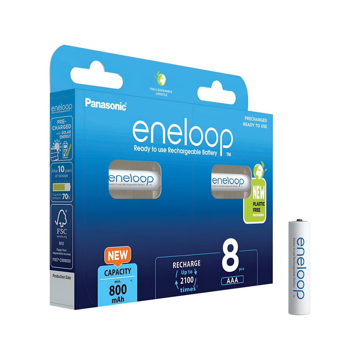 The packaging of Panasonic Eneloop AAA HR03 Rechargeable Batteries emphasizes their long-lasting performance with a 900 mAh capacity, the ability to be recharged up to 2100 times, and features an eco-friendly plastic-free design. It includes eight pre-charged batteries, attractively presented in blue and white cardboard packaging.