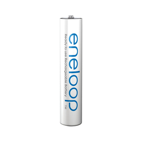 Standing upright, a white Panasonic Eneloop AAA HR03 rechargeable battery from the 8-pack collection features its brand name in blue, highlighting its durable performance with "Ready to use Rechargeable Battery" text.