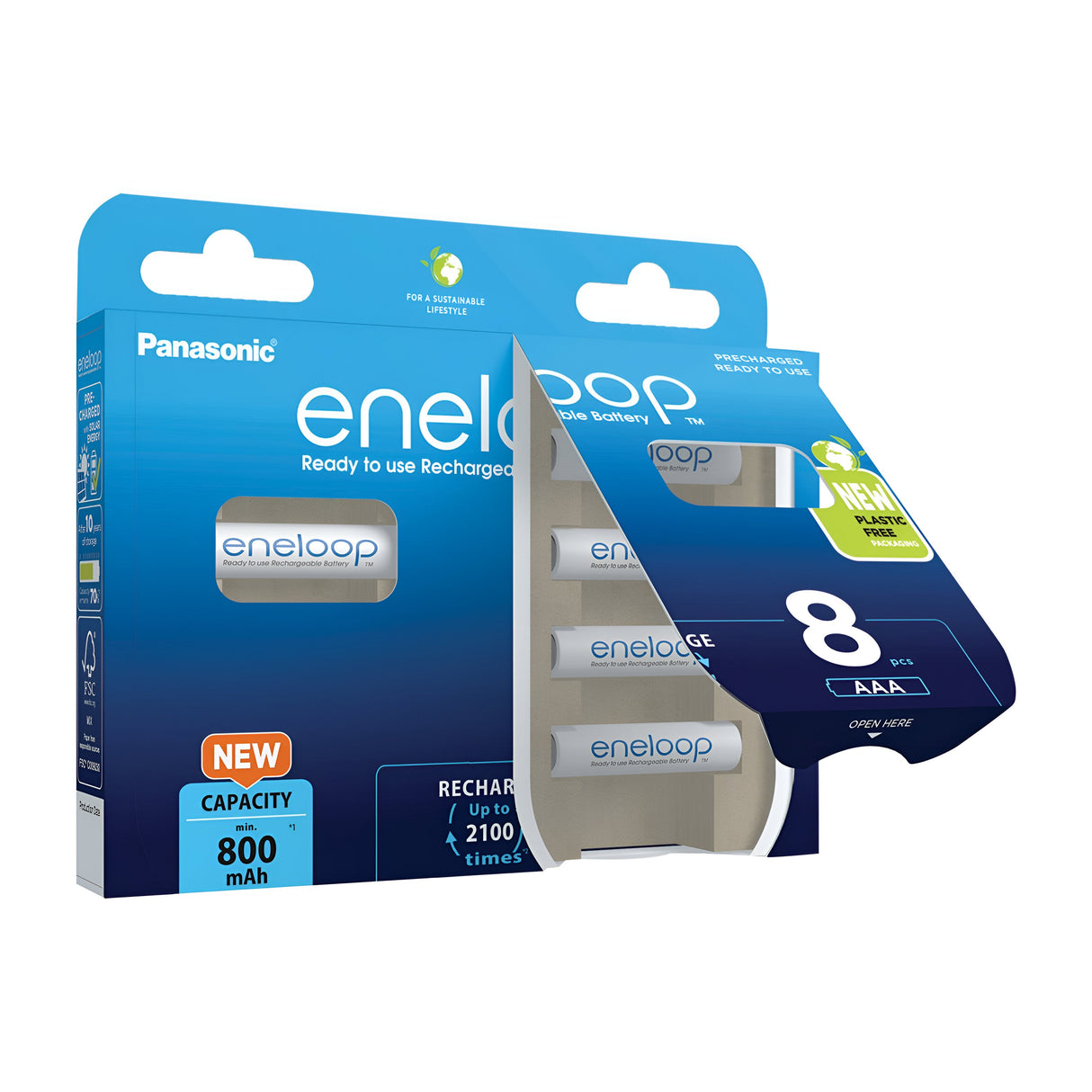 Package of Panasonic Eneloop AAA HR03 rechargeable batteries, offering an 8 pack with 900mAh capacity, designed for long-lasting performance with up to 2100 recharges. The packaging features a blue and white theme and includes a partially open flap allowing a glimpse of the batteries inside.