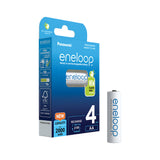 The image features a package of Panasonic Eneloop AA HR6 Rechargeable Batteries 2000mAh (4 Pack), ideal for high-drain devices. This environmentally friendly energy solution offers four AA batteries with a capacity of 2000 mAh, eco-friendly characteristics, and supports up to 2100 recharge cycles.