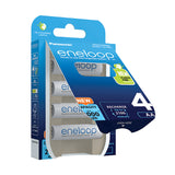 A package of Panasonic Eneloop AA HR6 Rechargeable Batteries 2000mAh (4 Pack) includes four rechargeable batteries. The packaging, in predominantly blue and white with eco-friendly labels, emphasizes their ability to be recharged up to 2100 times and features 70% recycled materials, making these eco-conscious energy sources perfect for high-drain devices.