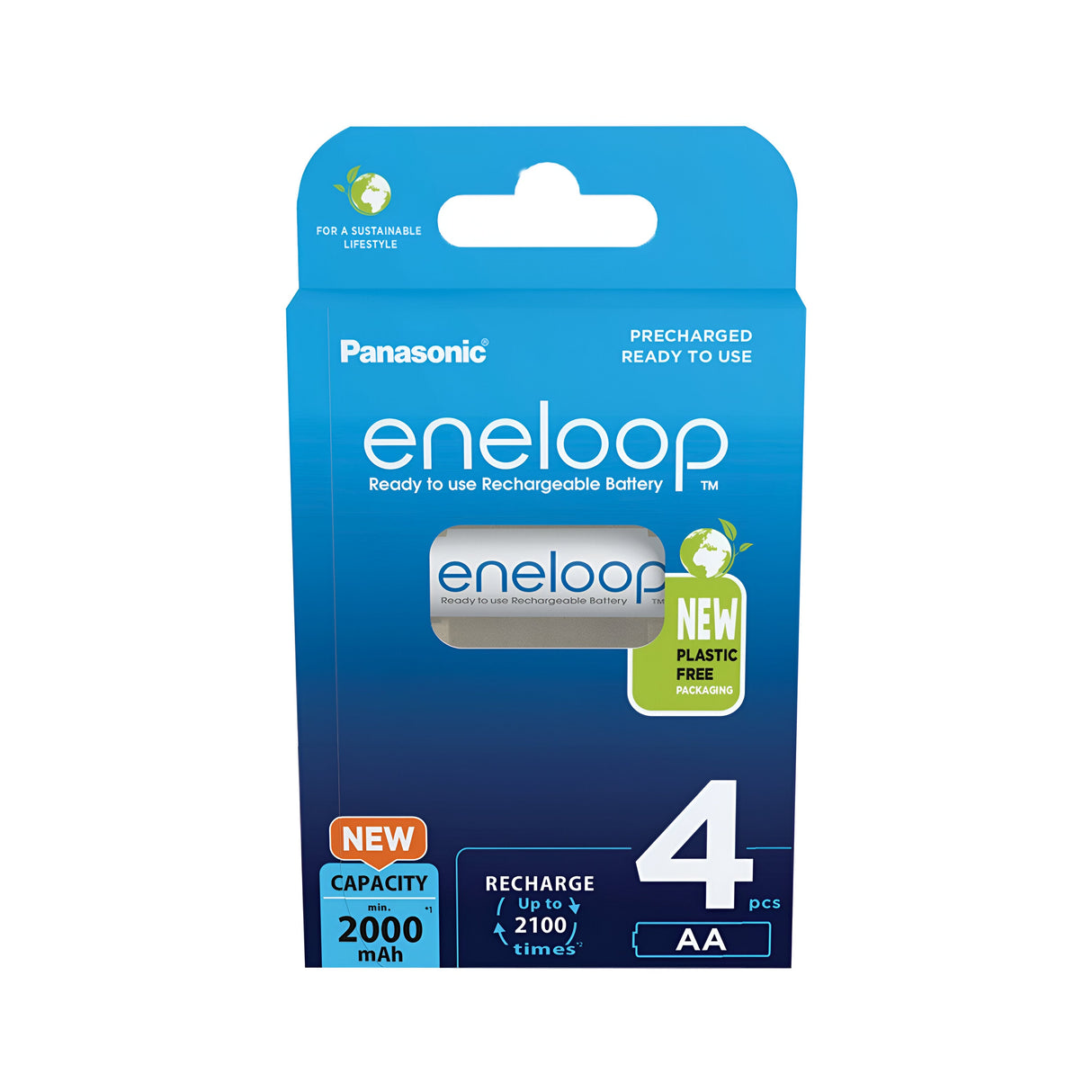 The Panasonic Eneloop AA HR6 Rechargeable Batteries 2000mAh (4 Pack) come in blue packaging with white text. They feature a 2000 mAh capacity, perfect for high-drain devices, and can be recharged up to 2100 times. The new plastic-free packaging underscores an eco-conscious approach to energy solutions, emphasizing sustainability.