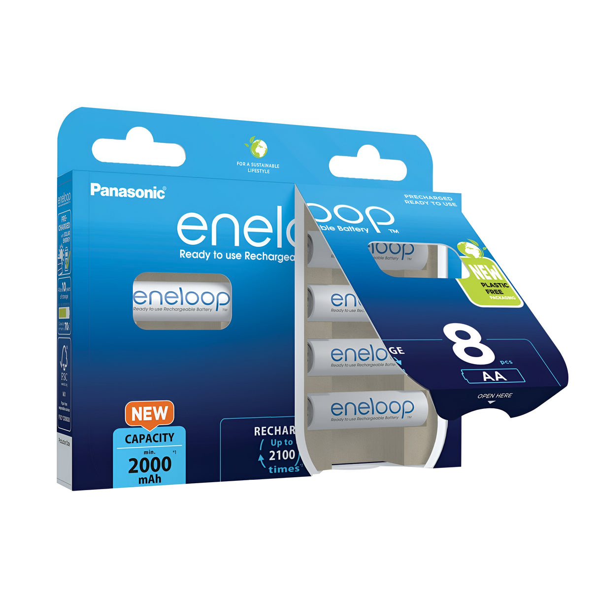 The packaging of the Panasonic Eneloop AA HR6 Rechargeable Batteries 2000mAh (8 Pack) is open, showcasing eight AA batteries known for their capacity to be recharged up to 2100 times, making them suitable for high-drain devices. The design features a blue and white color scheme with the Eneloop logo prominently displayed.