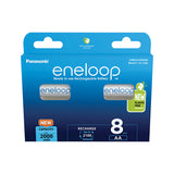 The Panasonic Eneloop AA HR6 Rechargeable Batteries (8 Pack) come in blue packaging and are ideal for high-drain devices. They offer a 2000mAh capacity, can be recharged up to 2100 times, and feature a new plastic-free design.