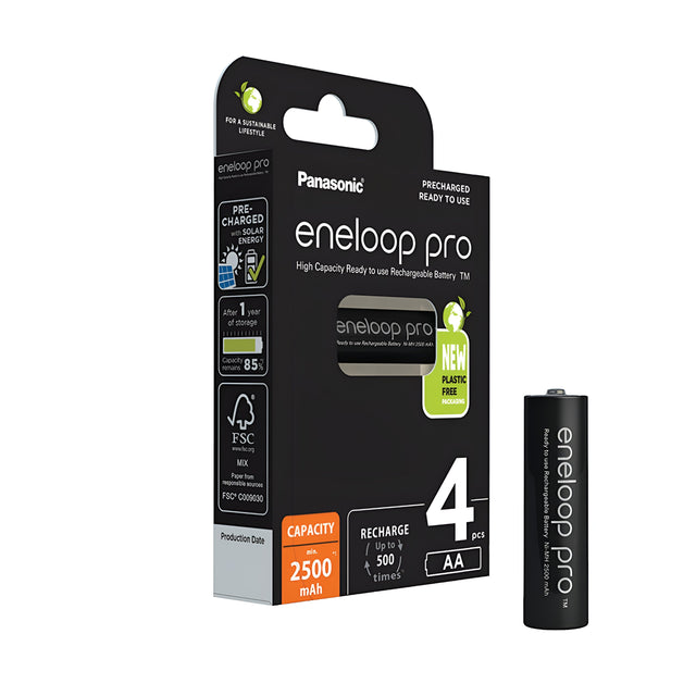 The packaging of the Panasonic Eneloop Pro AA HR6 Rechargeable Batteries 2500mAh (4 Pack) displays one battery next to the box. With a capacity of 2500mAh, these batteries are perfect for high-energy-demand devices. They are made from recyclable materials and come pre-charged, highlighting their sustainable design and performance features.