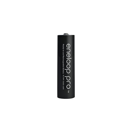 A Panasonic Eneloop Pro AA HR6 rechargeable battery from the 2500mAh (4 Pack) set stands upright against a white background, ideal for high-energy-demand devices. The branding and specifications are clearly printed in white on the black casing.