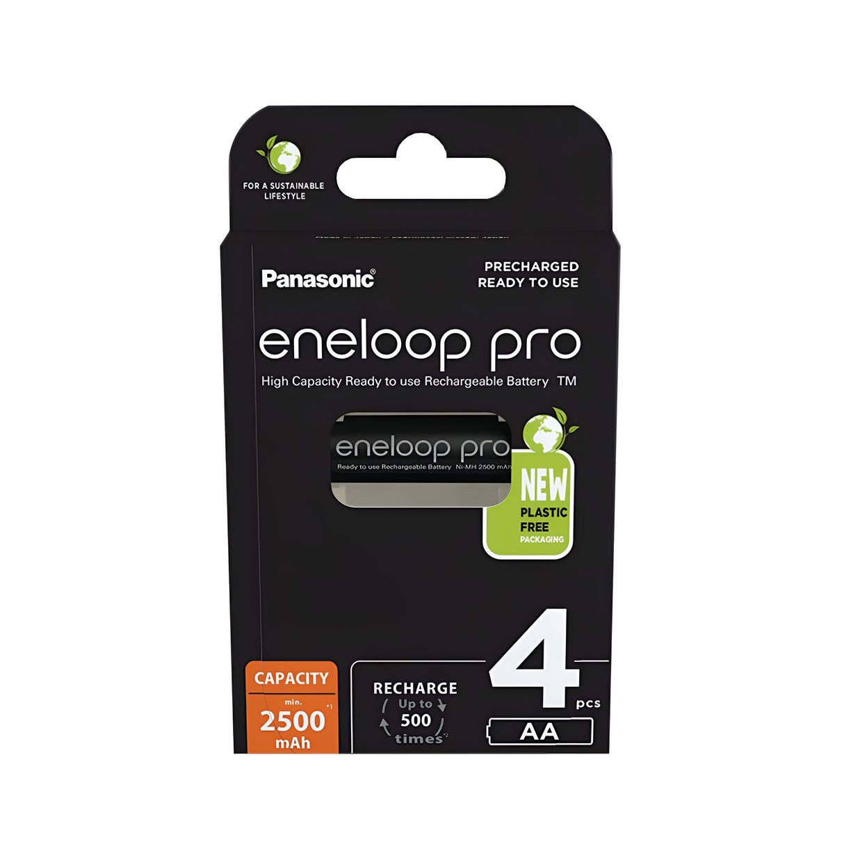 A black Panasonic Eneloop Pro AA HR6 battery pack containing four AA rechargeable batteries, perfect for high-energy-demand devices, showcasing a 2500mAh capacity and up to 500 recharges, now offered in plastic-free packaging.