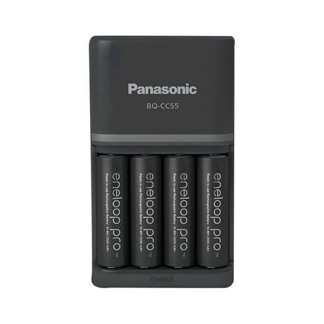 The Panasonic Eneloop Pro Battery Charger, accompanied by four 2500mAh high-performance rechargeable AA batteries, showcases a modern black design with white text and incorporates Smart Charge technology for optimal efficiency.