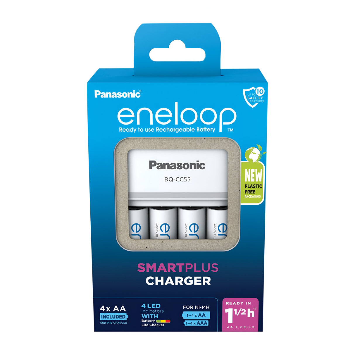 The Panasonic Eneloop Battery Charger with UK Plug comes with four AA 2000mAh rechargeable batteries. The packaging emphasizes its Smart Charge technology, featuring LED indicators and a fast charging time.
