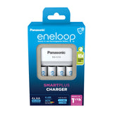 The Panasonic Eneloop Battery Charger with UK Plug comes with four AA 2000mAh rechargeable batteries. The packaging emphasizes its Smart Charge technology, featuring LED indicators and a fast charging time.