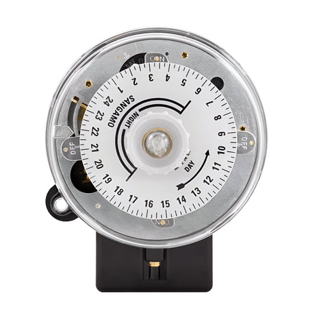 The Round Pattern 4 PIN 2 On/Off Time Switch is a round, mechanical device with a white dial featuring numerical hour markings for easy reading. It offers 24-hour programming capabilities and includes two small switches labeled OFF and ON at the top. The black base with a screw allows for convenient wall mounting, and it supports up to a 20A current rating.