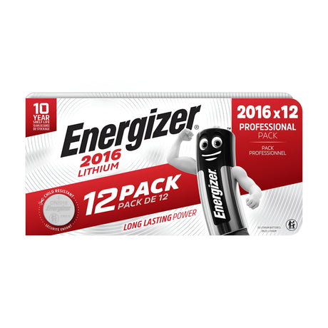 Image of an Energizer CR2016 Lithium Battery 12-Pack. The packaging includes the Energizer mascot on the front, highlighting its professional-grade power capabilities with a 10-year shelf life and long-lasting performance. The red and white pack guarantees efficiency for all your needs.
