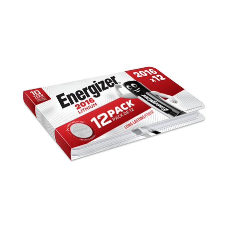 A 12-pack of Energizer CR2016 Lithium batteries provides professional-grade power. The mostly white and red packaging prominently features the text "12 Pack" and "Long Lasting Power," along with a battery character on the front, ensuring your devices have a long-lasting power source.