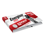 The Energizer CR2025 Lithium Battery 12-pack features a red and white package, ideal for smart locks. The box emphasizes a 10-year shelf life and long-lasting power.