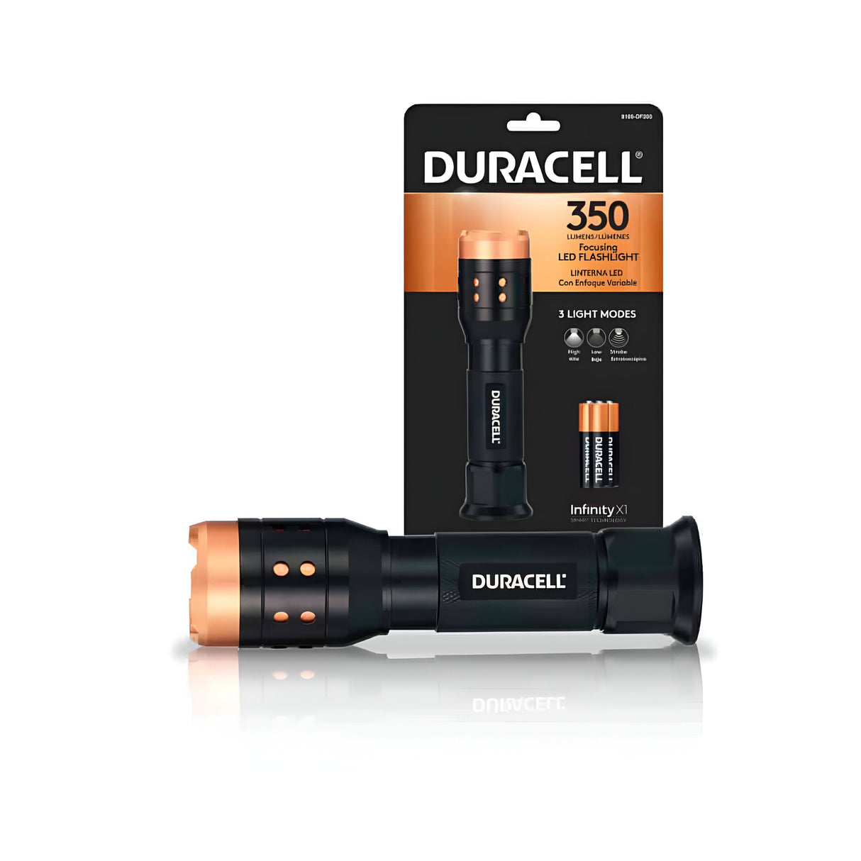 A durable Duracell Focusing LED Flashlight, delivering 350 lumens with copper accents, is showcased in front of its packaging. The package emphasizes its long-lasting features and three light modes.