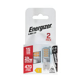 The packaging for the Energizer 4.2W G9 Non-Dimmable LED Capsule Bulbs, a 2-pack in daylight at 6500K, highlights bulbs with a 15-year lifespan. Consuming just 4.2W, these bulbs efficiently replace traditional 40W bulbs while delivering a brightness of 470 lumens. The package includes an illustration of the bulbs and the iconic Energizer mascot and notes that they are non-dimmable.