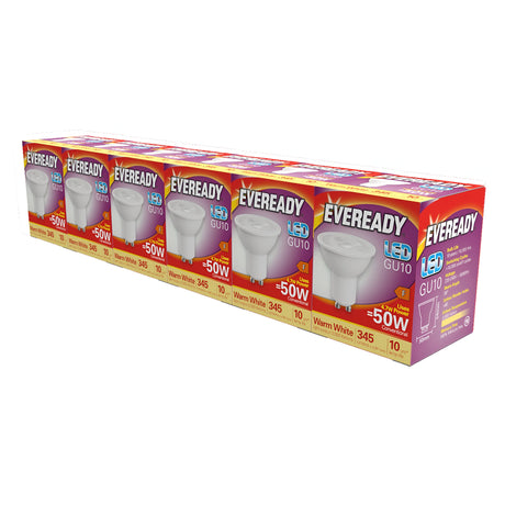 A row of Eveready 4.7W GU10 Non-Dimmable LED Bulb packages in warm white, offering energy efficiency with a 345 lumen output and 50W equivalent. The predominantly red and purple packaging features images of the bulbs, highlighting their GU10 base design.