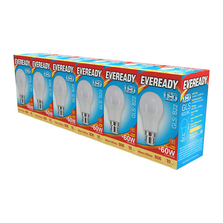 A row of six boxes of Eveready 8.8W Non-Dimmable LED GLS bulbs. Each box contains bulbs with a B22 base, emitting warm white light at 3000K and providing excellent energy efficiency. The packaging predominantly features red and blue colors along with detailed product information.