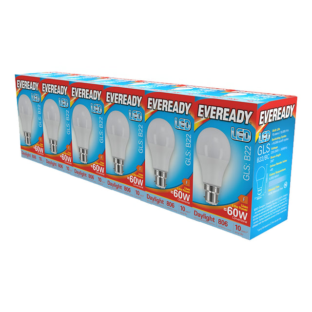 A box of Eveready 8.8W Non-Dimmable LED GLS bulbs provides energy-efficient lighting with six bulbs, each labeled B22, daylight color at 6500K. The packaging is blue with vibrant orange and white accents.