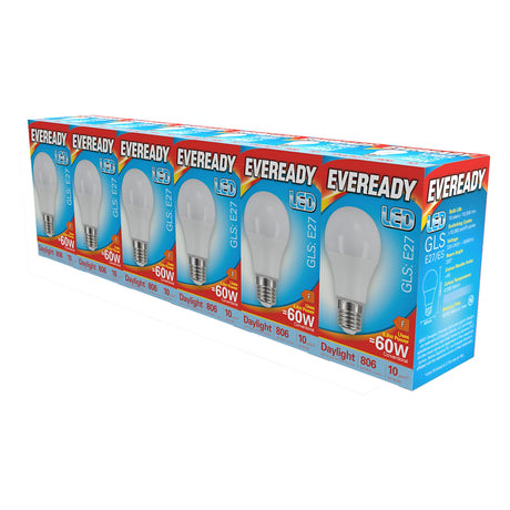 A row of Eveready 8.8W LED GLS bulb boxes, labeled E27 with a brightness level of 6500K, provides a daylight experience equivalent to a traditional 60W bulb with an energy-efficient design. These non-dimmable bulbs are packed in a 5+1 configuration and boast an estimated lifespan of 10 years. The packaging features a blue and red color scheme accompanied by images of the bulbs.