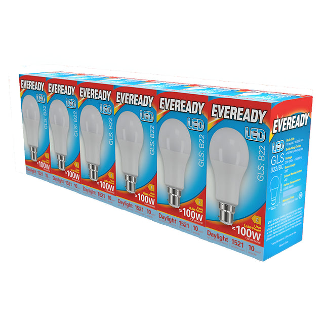 A five-plus-one pack of Eveready 13.8W Non-Dimmable LED GLS bulbs, featuring the B22 base and a daylight color temperature of 6500K, offers energy-efficient lighting in blue and red packaging. Arranged neatly in a row, these bulbs guarantee superior daylight illumination for any space.