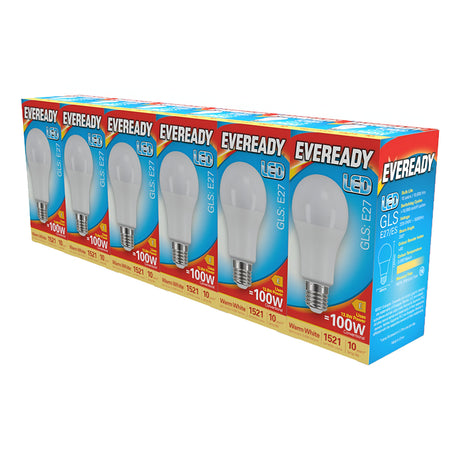 A pack of Eveready 13.8W Non-Dimmable LED GLS Bulbs offers six energy-efficient lighting solutions in a row. The packaging highlights features such as a 100W equivalent, E27 fitting, and 1521 lumens emitting a warm white glow at 3000K. A bold blue and red background accentuates the prominent branding.