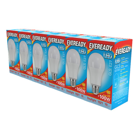 A 5+1 pack of Eveready 13.8W non-dimmable LED GLS bulbs with E27 fittings, each offering 1521 lumens and equivalent to a traditional 100W bulb, providing outstanding daylight illumination at 6500K. The packaging prominently features blue and red colors and clearly displays product information.