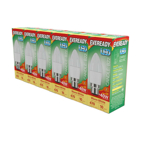 B22 (BC) LED Candle Bulb 4.9W 470lm - Warm White 3000K, 6 Pack retail pack