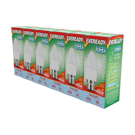 B22 (BC) LED Candle Bulb 4.9W 470lm - Daylight 6500K, 6 Pack retail pack