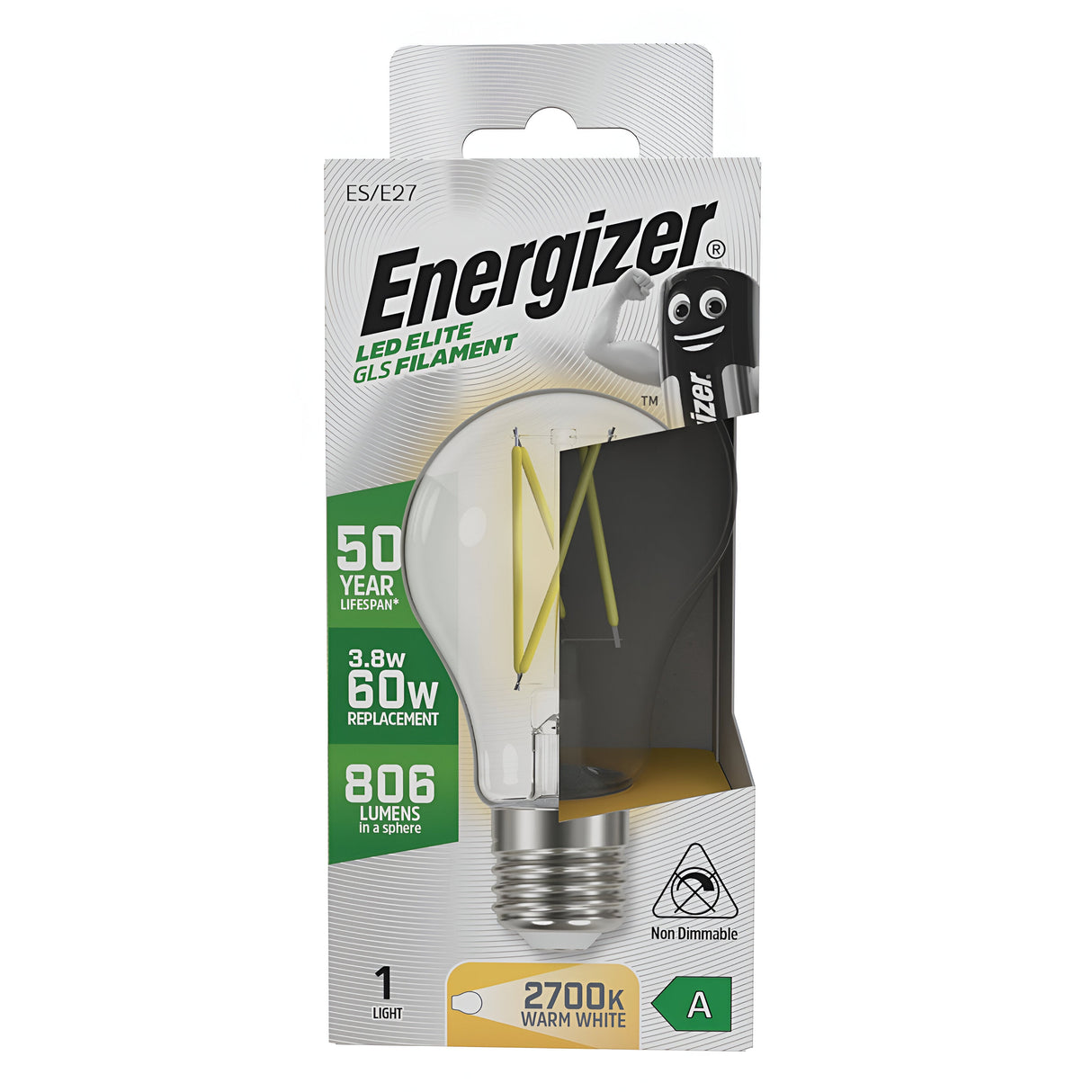 The packaging of the Energizer 3.8W Non-Dimmable LED GLS Filament Bulb emphasizes its energy-efficient lighting, boasting a lifespan of 50 years. It delivers 806 lumens and emits a cozy warm white light at 2700K, featuring a clear bulb design with a visible filament structure and an impressive energy rating of A.