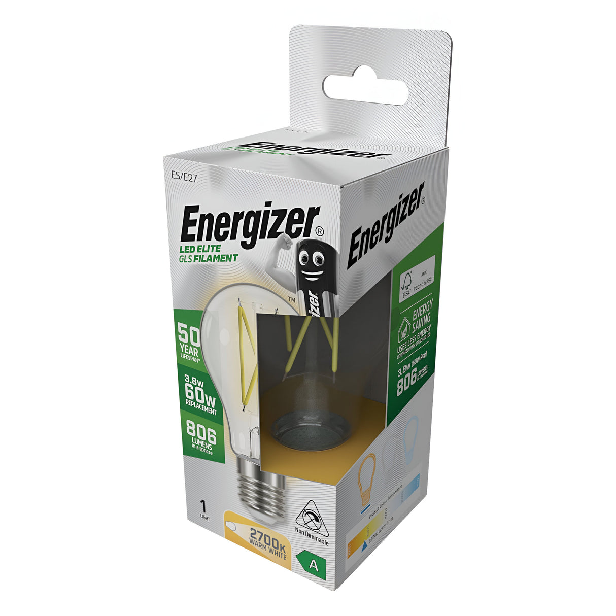 The packaging for the Energizer 3.8W Non-Dimmable LED GLS Filament Bulb highlights its energy efficiency, offering 806 lumens as a 60W equivalent, with an impressive lifespan of up to 15 years. It emits a warm white light with a cozy color temperature of 2700K, making it ideal for various spaces.