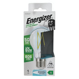 Introducing the Energizer 3.8W Non-Dimmable LED GLS Filament Bulb - Daylight, E27, 6500K, an excellent option for energy-efficient lighting. This bulb provides an impressive 50-year lifespan and delivers 806 lumens in a bright daylight glow of 6500K. It comes packaged in a sleek white box with green accents and features an illustrated character.