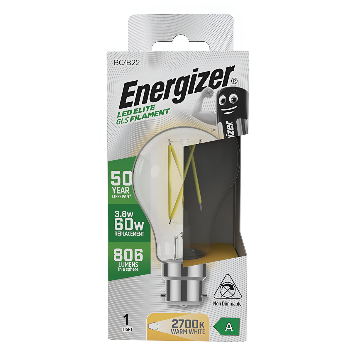 The Energizer 3.8W Non-Dimmable LED GLS Filament Bulb - Warm White, B22, 2700K, demonstrated in its packaging, highlights energy-efficient characteristics: a lifespan of up to 50 years while using only 3.8 watts of power yet providing light output equivalent to a 60-watt bulb. It emits 806 lumens of warm white light at a color temperature of 2700K and holds an impressive A energy rating.