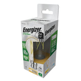 The Energizer 3.8W Non-Dimmable LED GLS Filament Bulb features a stylish design and is packaged to highlight essential attributes such as its energy-efficient performance, 806 lumens of brightness, and a remarkable 50-year lifespan. The predominantly white box with green and yellow accents promises enduring illumination.