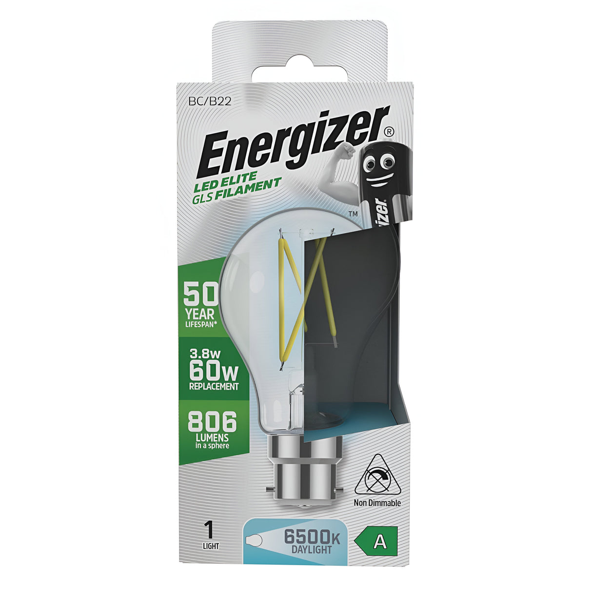 The packaging for the Energizer 3.8W Non-Dimmable LED GLS Filament Bulb - Daylight, B22, 6500K highlights its impressive 806-lumen output and vibrant daylight brightness of 6500K. This bulb offers a remarkable long lifespan of up to 50 years, delivering the efficiency of a 3.8W model while providing light equivalent to a traditional 60W bulb, although it is non-dimmable.