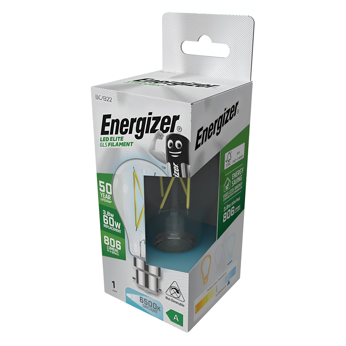 The packaging for the Energizer 3.8W Non-Dimmable LED GLS Filament Bulb - Daylight, B22, 6500K highlights its 806-lumen brightness and vibrant 6500K daylight tone for outstanding energy efficiency. A cheerful cartoon character embellishes the box, adding an inviting and distinctive presence on the shelf.