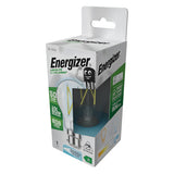 The packaging for the Energizer 3.8W Non-Dimmable LED GLS Filament Bulb - Daylight, B22, 6500K highlights its 806-lumen brightness and vibrant 6500K daylight tone for outstanding energy efficiency. A cheerful cartoon character embellishes the box, adding an inviting and distinctive presence on the shelf.