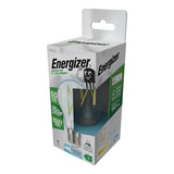 The Energizer 7.2W Non-Dimmable LED GLS Filament Bulb is presented in its box, featuring an animated mascot. The packaging emphasizes its energy efficiency, highlighting a lifespan of 50 years and an output equivalent to 100 watts at just 7.2 watts, providing 1521 lumens with a daylight color temperature of 6500K.