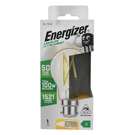 The image displays a box for an Energizer 7.2W Non-Dimmable LED GLS Filament Bulb, featuring a B22 base. With exceptional energy efficiency and a remarkable lifespan of 50 years, this bulb replaces the traditional 100W bulb by using only 72W. It emits warm white light at 1521 lumens with a color temperature of 2700K and is rated A for energy efficiency.