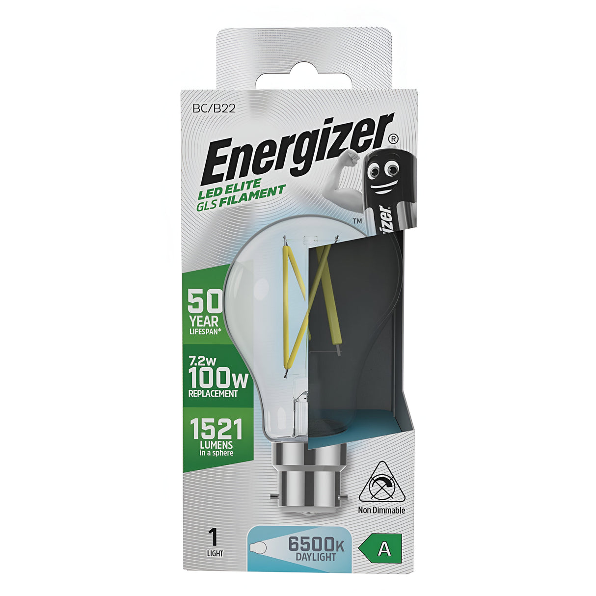 Packaging of the Energizer 7.2W Non-Dimmable LED GLS Filament Bulb in Daylight offers an energy-efficient design with a remarkable 50-year lifespan, serving as a replacement for 100W bulbs at just 72W. Emitting 1521 lumens of crisp daylight at 6500K, it is non-dimmable, has an energy rating of A, and fits BC/B22 bases.