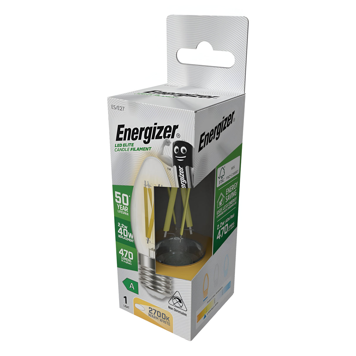 The packaging of the Energizer 2.2W Non-Dimmable LED Candle Filament Bulb emphasizes its energy efficiency, delivering a warm white light at 2700K, with a remarkable longevity of up to 50 years and an output of 470 lumens. The box is predominantly white and green, featuring illustrations and text that detail the bulb's specifications.