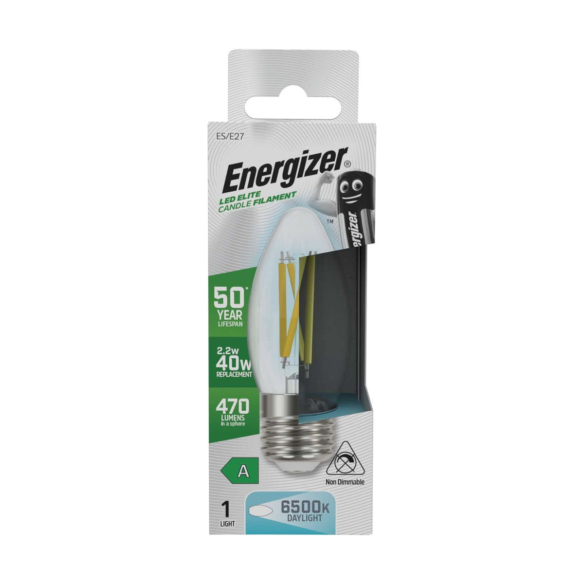 E27 (ES) LED Filament Candle Bulb 2.2W 470lm - Daylight 6500K retail pack