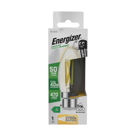 B22 (BC) LED Filament Candle Bulb 2.2W 470lm - Warm White 2700K retail pack