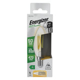 The packaging of the Energizer 2.2W Non-Dimmable LED Candle Filament Bulb highlights its impressive 50-year lifespan and energy efficiency, using just 2.2 watts to deliver the equivalent of 40 watts. It emits a cozy warm white glow at 2700K and produces 470 lumens, making it an ideal choice for long-lasting illumination.