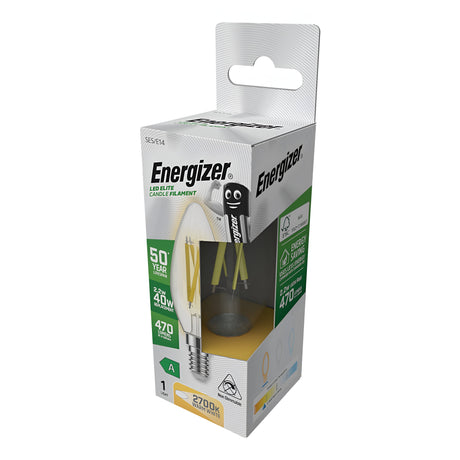 The packaging of the Energizer 2.2W Non-Dimmable LED Candle Filament Bulb - Warm White, E14, 2700K highlights its outstanding 50-year lifespan and energy-efficient design. Emitting a warm white glow at 2700K with a brightness of 470 lumens, it provides a remarkable 90% in energy savings while maintaining the traditional incandescent appearance.