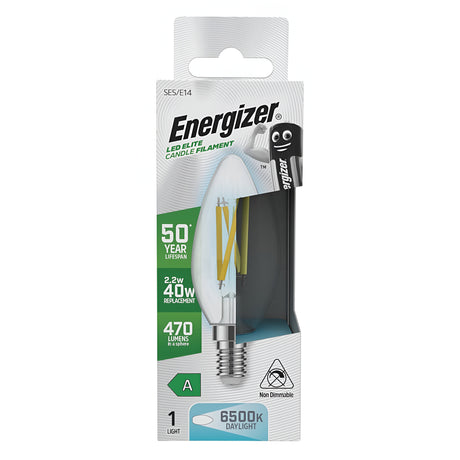 The Energizer 2.2W Non-Dimmable LED Candle Filament Bulb offers an energy-efficient lighting solution with a daylight color temperature of 6500K. This E14 bulb provides 470 lumens, lasts up to 50 years, and is an ideal replacement for a standard 40W bulb.