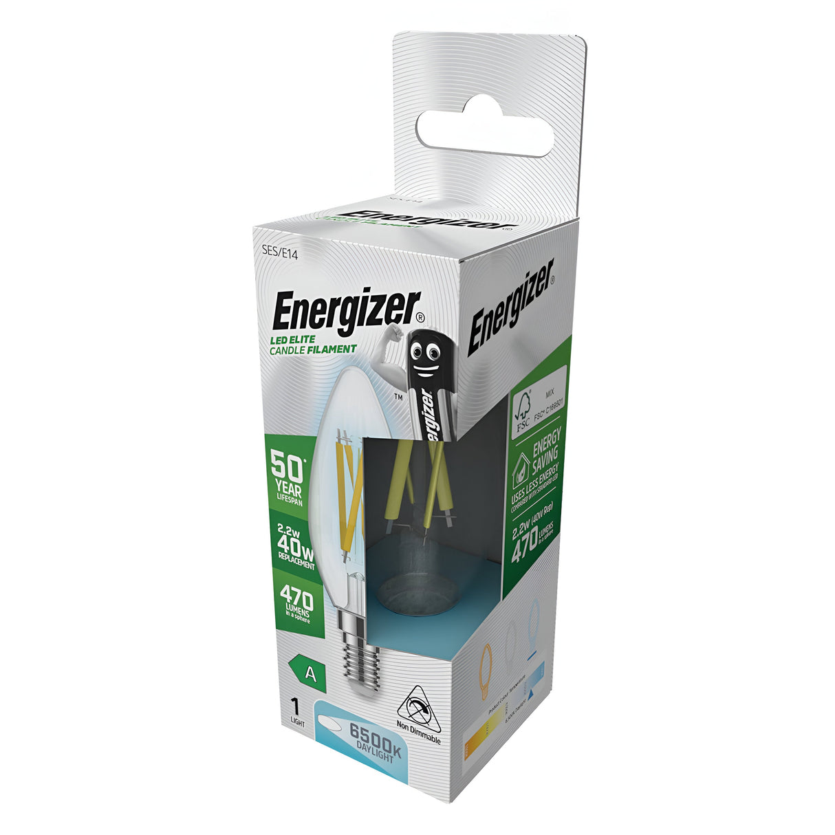 The packaging of the Energizer 2.2W Non-Dimmable LED Candle Filament Bulb - Daylight, E14, 6500K emphasizes its advanced LED filament technology. It highlights energy-efficient lighting with details of a 50-year lifespan and 470 lumens brightness, along with diagrams and energy information. A small window allows a preview of the bulb inside.