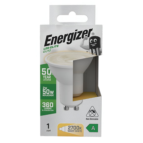 The image features an Energizer 2W GU10 Non-Dimmable LED Bulb - Warm White, 2700K, in its packaging, highlighting energy-efficient attributes such as a 50-year lifespan, warm white light at 2700K, emitting 360 lumens with A energy rating.