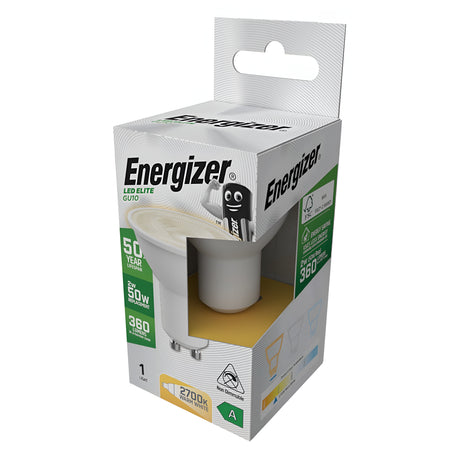 Box of Energizer 2W GU10 Non-Dimmable LED Bulbs highlighting energy-efficient features. The packaging emphasizes the Warm White, 2700K appearance, along with details about its lifespan, beam angle, and other product specifications.