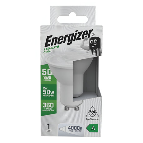 The Energizer 2W GU10 Non-Dimmable LED Bulb in cool white at 4000K offers an impressive 50-year lifespan while using only 2W of power, providing a brightness of 360 lumens. It serves as an efficient replacement for a traditional 50W bulb.